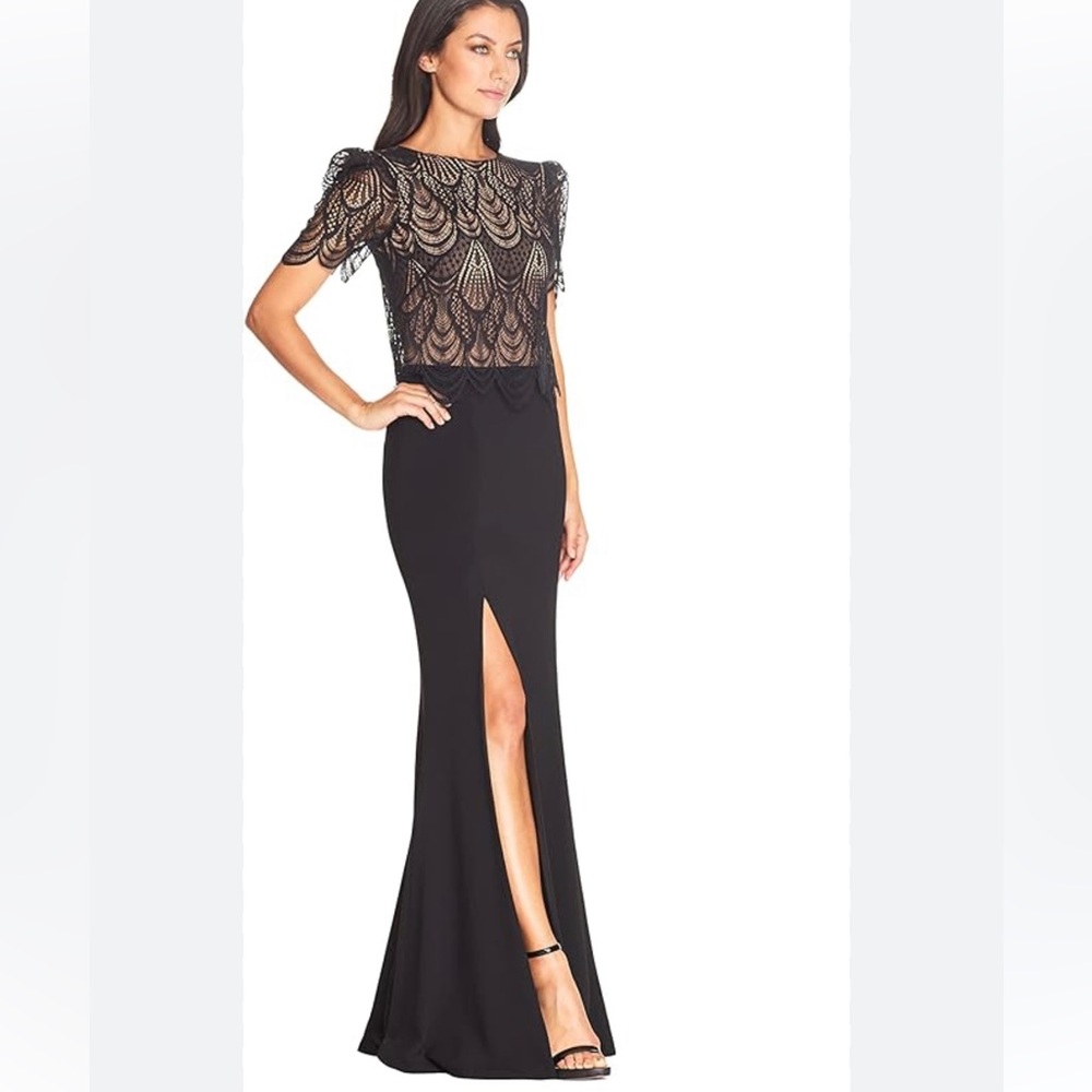 NWT Dress The Population Black and Tan lace top gown with slit. Size L